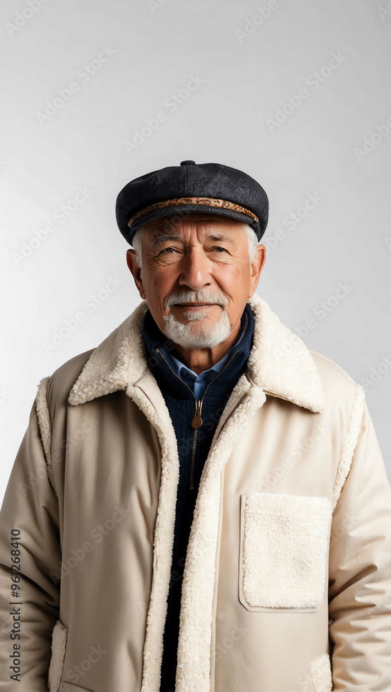 grandfather wearing sherpalined coat and cap on plan white background grandfather wearing sherpalined coat and cap on plan white background