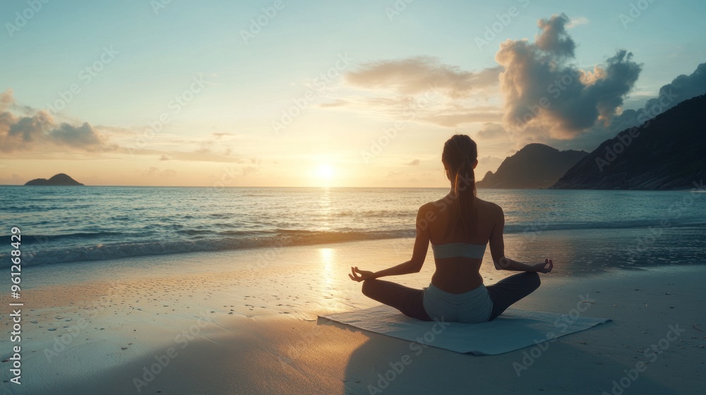 A woman is sitting on the beach, meditating A woman is sitting on the beach, meditating