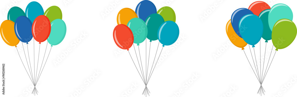 Balloon in flat style. Bunch of balloons for birthday or party, celebrate and carnival. Flying ballon with rope isolated on white background. Vector. Balloon in flat style. Bunch of balloons for birthday or party, celebrate and carnival. Flying ballon with rope isolated on white background. Vector.