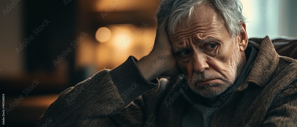 Upset senior man with gray hair, sitting alone on a sofa, leaning his head on his hand, emotional and reflective, quiet home setting, dim and moody lighting Upset senior man with gray hair, sitting alone on a sofa, leaning his head on his hand, emotional and reflective, quiet home setting, dim and moody lighting