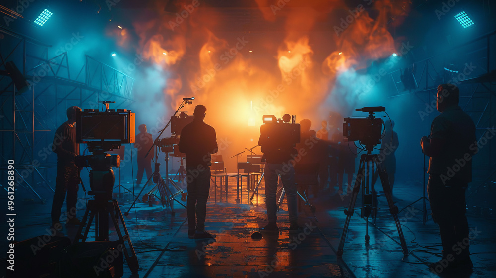 Fototapeta premium A dynamic film school scene in dark tones with blue and orange highlights, students learning cinema craft, guided by a skilled instructor, showcasing creative collaboration and energy.