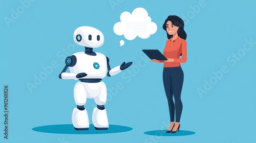 A woman is holding a tablet and standing next to a robot
