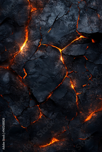 brutal background in black tones, fiery lava cracks against the background of black stone texture, wallpaper for mobile phone