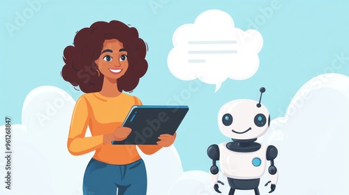 A woman is holding a tablet and standing next to a robot