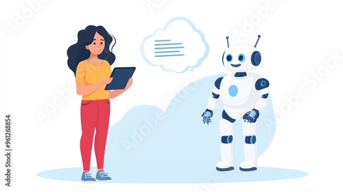 A woman is holding a tablet and standing next to a robot