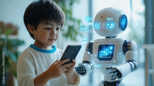 A woman is holding a tablet and standing next to a robot