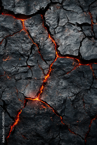 brutal background in black tones, fiery lava cracks against the background of black stone texture, wallpaper for mobile phone