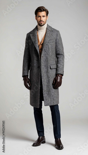 Man wearing wool overcoat and gloves on plan white background