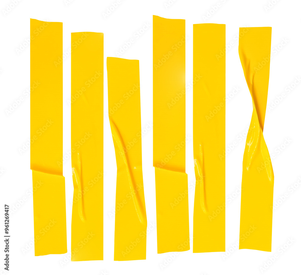 Top view set of wrinkled or crumpled yellow adhesive vinyl tape or cloth tape in stripes shape isolated in png file format Top view set of wrinkled or crumpled yellow adhesive vinyl tape or cloth tape in stripes shape isolated in png file format