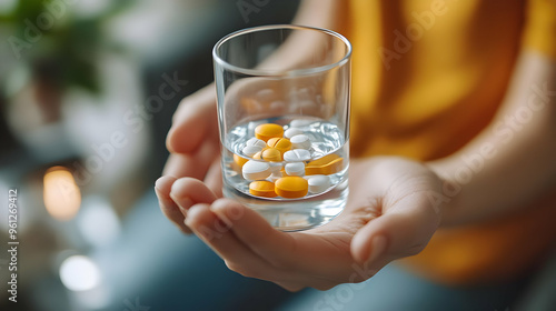 A person holding a glass of water with various pills inside.