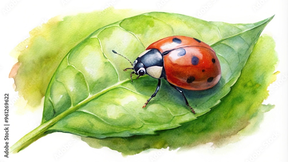 Fototapeta premium Aerial watercolor painting of ladybug on green leaf
