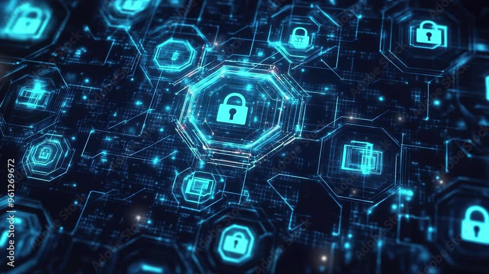 Cyber security and online safety concepts. Abstract digital background with blue hexagons and padlock icons. Data protection. Online safety technology in a global network system. Technology background Cyber security and online safety concepts. Abstract digital background with blue hexagons and padlock icons. Data protection. Online safety technology in a global network system. Technology background