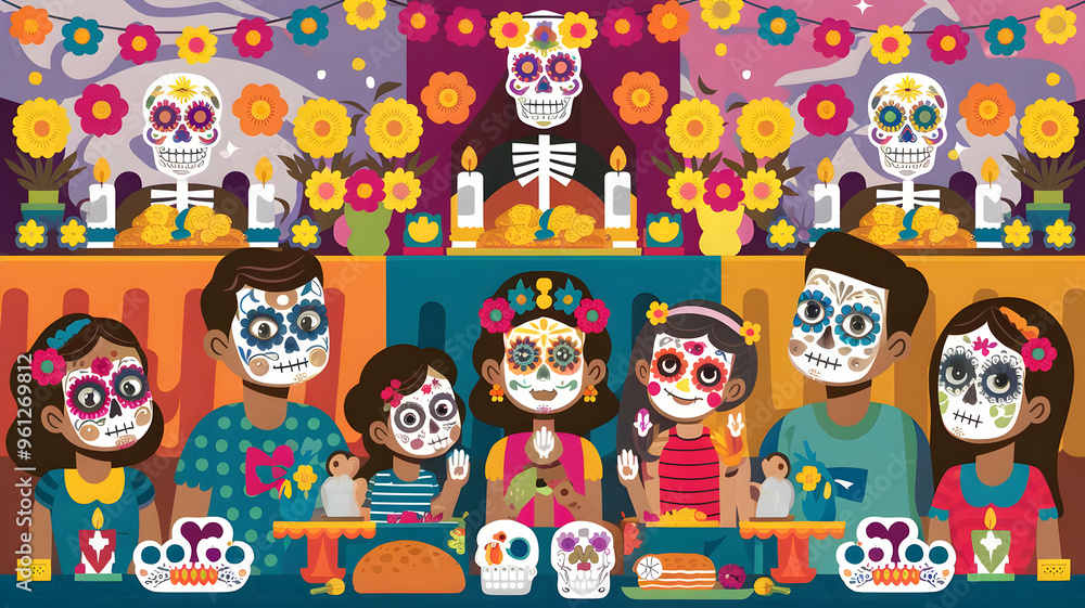 Celebrate Day of the Dead in Mexico with vibrant altars, colorful skulls, traditional face painting, marigold decorations, and lively parades, honoring ancestors in a beautiful fusion of culture. Celebrate Day of the Dead in Mexico with vibrant altars, colorful skulls, traditional face painting, marigold decorations, and lively parades, honoring ancestors in a beautiful fusion of culture.