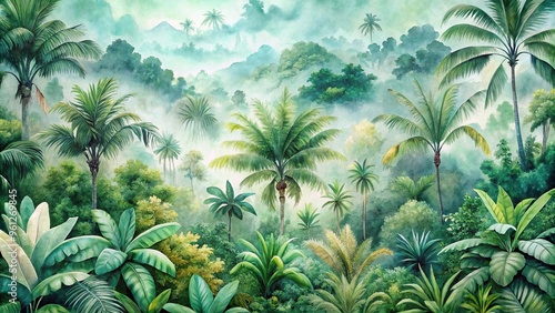 Aerial watercolor painting of tropical green jungle and rainforest landscape