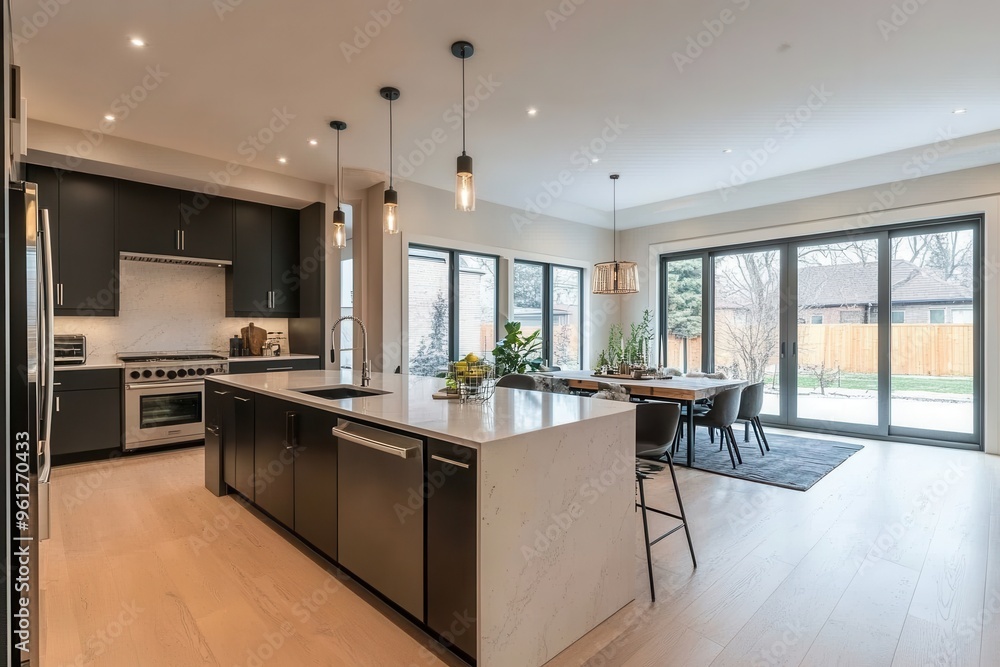 Modern kitchen with an island, dining area, and large windows for natural light. Modern kitchen with an island, dining area, and large windows for natural light.