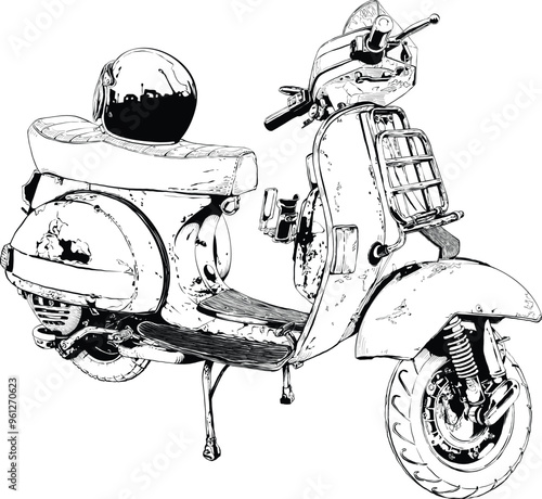 Classic scooter with helmet in black and white