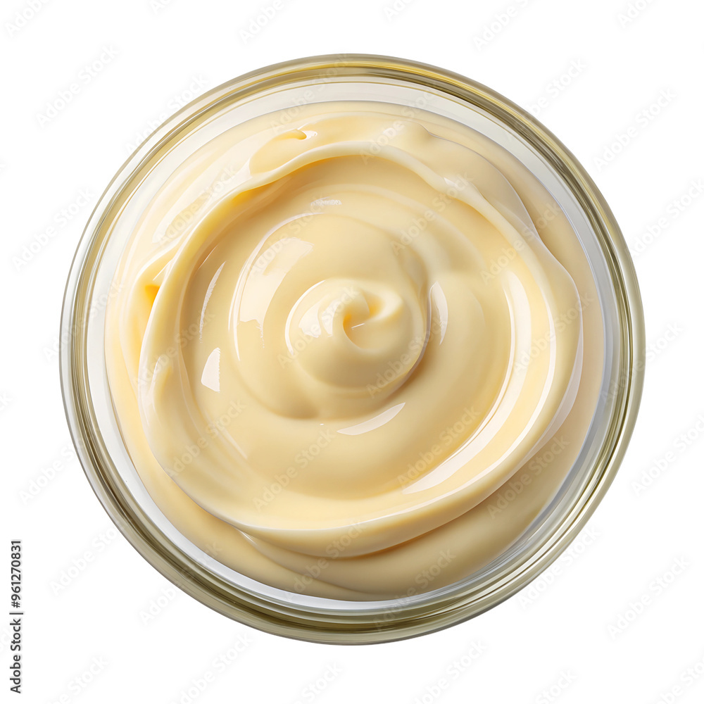A top view clear glass Bowl of Mayonnaise isolated on a transparent background A top view clear glass Bowl of Mayonnaise isolated on a transparent background