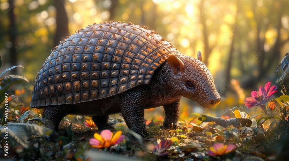 Fototapeta premium Close-up of an Armadillo in a Sunlit Forest with Colorful Flowers and Lush Greenery