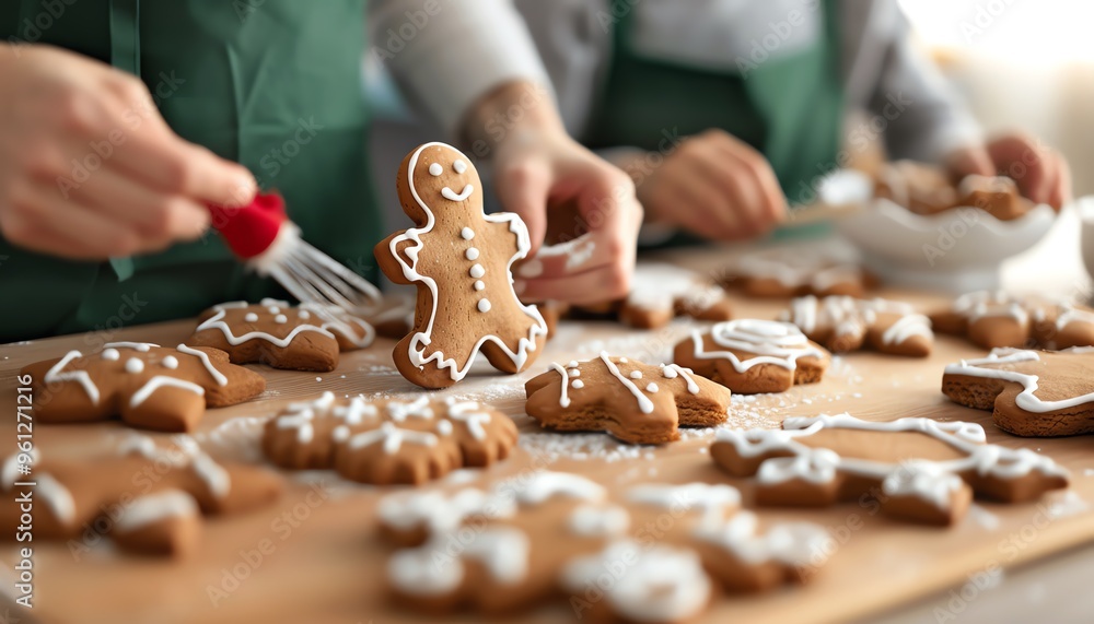 Christmas baking traditions, family making gingerbread cookies Christmas baking traditions, family making gingerbread cookies
