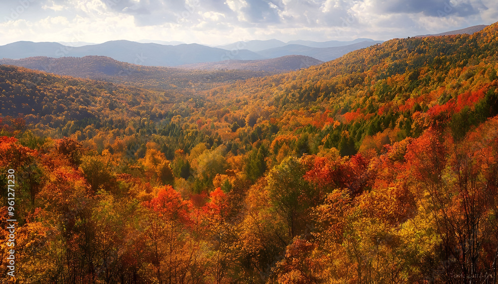 A panoramic view of a vibrant autumn landscape. Rolling hills are adorned with a kaleidoscope of autumn colors, with a hazy sunset casting a warm glow over the scene. A panoramic view of a vibrant autumn landscape. Rolling hills are adorned with a kaleidoscope of autumn colors, with a hazy sunset casting a warm glow over the scene.