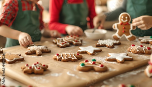 Christmas baking traditions, family making gingerbread cookies