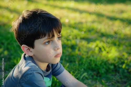 A handsome boy with ADHD and autism sitting alone at the park, feeling nervous while watching other children play nearby photo