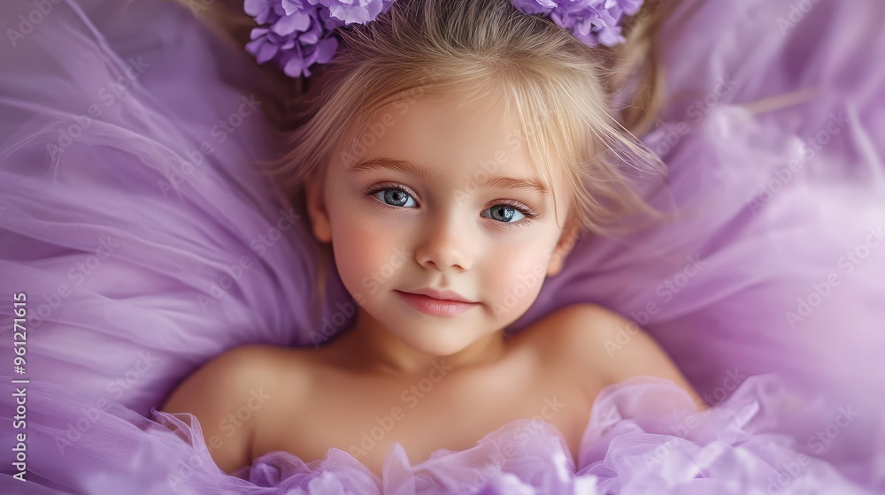 Little girl in a ballerina costume with a tutu, posing on a soft lavender background Little girl in a ballerina costume with a tutu, posing on a soft lavender background