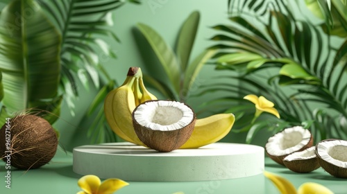 Banana and coconut display with podium and green leaf background photo