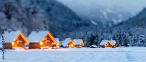 Enchanting winter scene, snowcovered village with lights