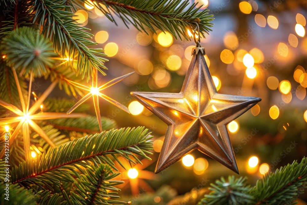 Shiny star ornament hanging on Christmas tree with warm golden lights bokeh effect Shiny star ornament hanging on Christmas tree with warm golden lights bokeh effect