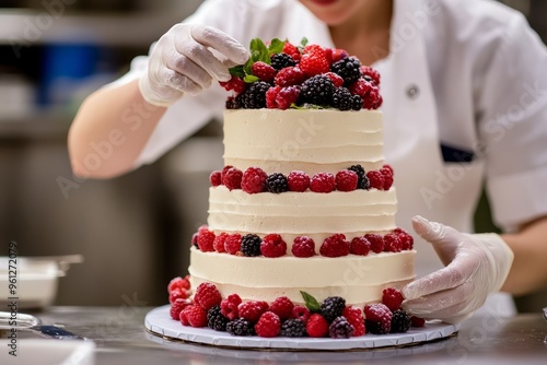 A pastry chef decorates a cake with berries