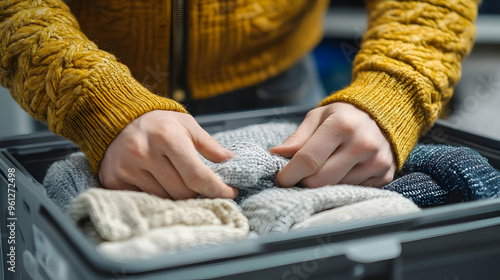 A person organizing sweaters in a storage box.