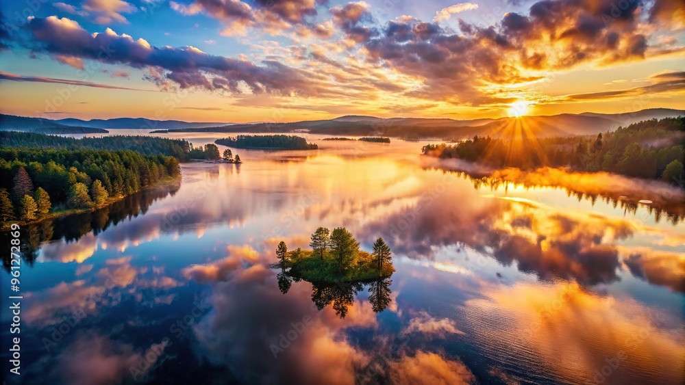 Aerial view of a serene lake, reflecting the kaleidoscope of sunrise colors, with warm light dancing across the ripples, and a sprinkle of morning mist. Aerial view of a serene lake, reflecting the kaleidoscope of sunrise colors, with warm light dancing across the ripples, and a sprinkle of morning mist.