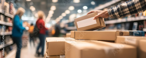 Shoppers Grabbing Clearance Tagged Electronics Boxes on Store Shelves photo