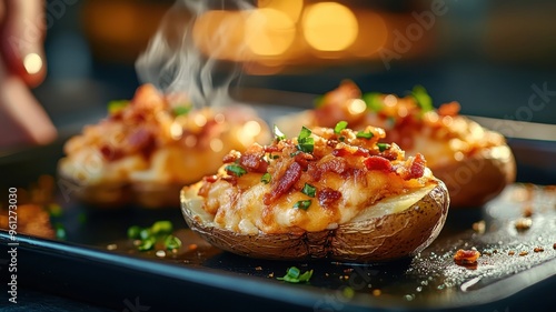 A dramatic image of a tray of loaded potato skins, with lighting accentuating the texture of the crispy potato, cheese, and bacon. photo