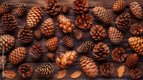 Beautiful flat lay arrangement featuring pinecones set against a rustic wooden background