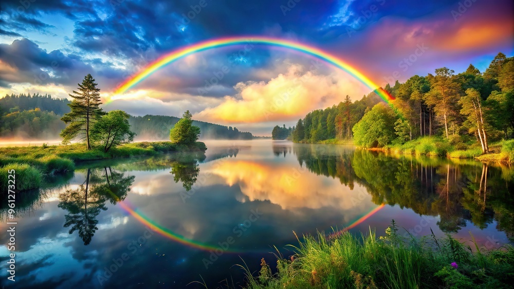 Rainbow's vivid colors burst across a misty, dreamy landscape, with a tranquil lake reflecting the majestic arc and surrounding lush greenery. Rainbow's vivid colors burst across a misty, dreamy landscape, with a tranquil lake reflecting the majestic arc and surrounding lush greenery.