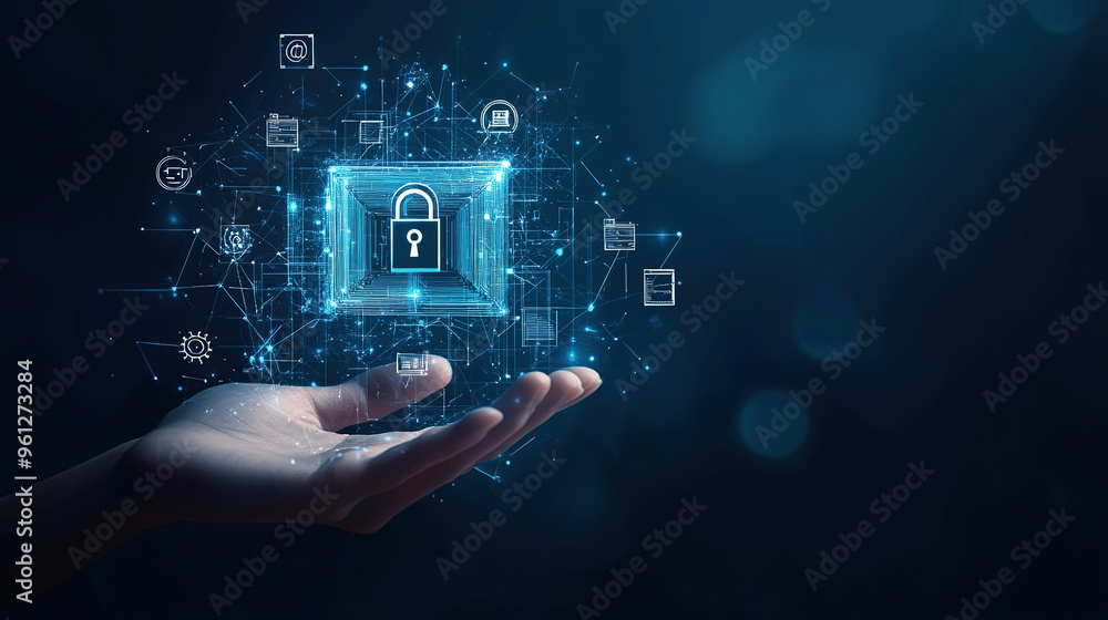 Cybersecurity digital data protection concept. Digital data security padlock. Digital security system. Abstract futuristic cybersecurity. High technology. Online safety technology. Copy space area Cybersecurity digital data protection concept. Digital data security padlock. Digital security system. Abstract futuristic cybersecurity. High technology. Online safety technology. Copy space area