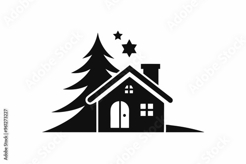 Halloween and Christmas Logotype Home with Moon in Cloudy Sky,