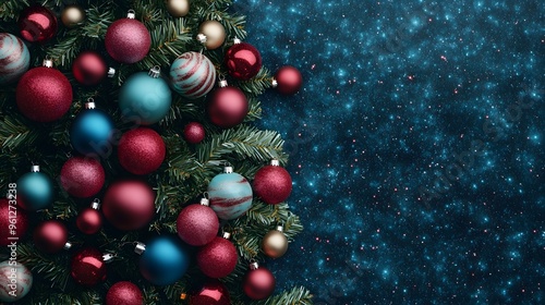 A Christmas tree with many colorful ornaments and a blue sky background