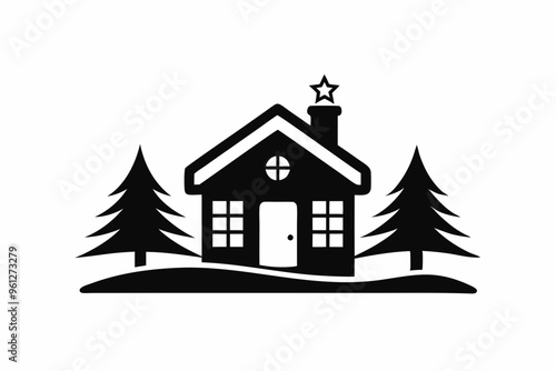 Christmas Logotype Home with Moon in Cloudy Sky.Christmas logotype, home silhouette,