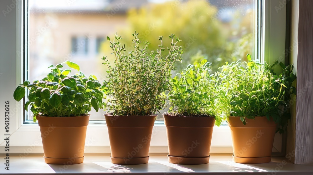 Four potted herbs on a windowsill Four potted herbs on a windowsill