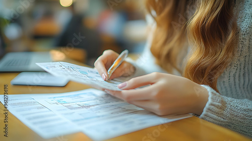 Wallpaper Mural A person reviewing documents with a pen at a wooden table. Torontodigital.ca
