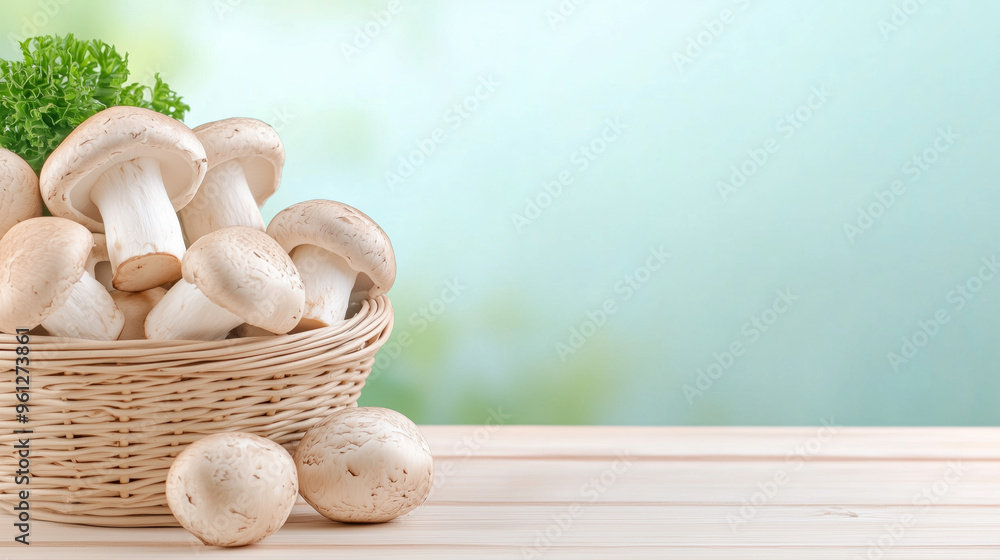 A wicker basket filled with fresh mushrooms and a sprig of parsley on a wooden table, set against a soft, blurred green background A wicker basket filled with fresh mushrooms and a sprig of parsley on a wooden table, set against a soft, blurred green background