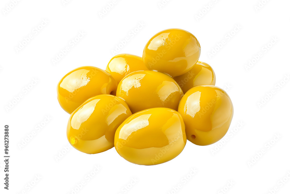 Closeup of fresh, glossy Manzanilla yellow olives with green leaves, isolated on a white transparent background. Concept of healthy eating and Mediterranean cuisine Closeup of fresh, glossy Manzanilla yellow olives with green leaves, isolated on a white transparent background. Concept of healthy eating and Mediterranean cuisine
