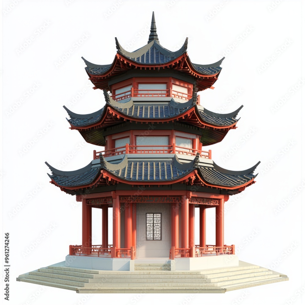 3D Render of a traditional Chinese pagoda with layered roofs and red pillars, on isolated white background 3D Render of a traditional Chinese pagoda with layered roofs and red pillars, on isolated white background