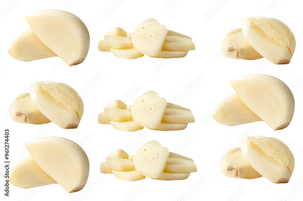 Side view set of fresh peeled white gailic cloves with slices in stack isolated on white background with clipping path Side view set of fresh peeled white gailic cloves with slices in stack isolated on white background with clipping path