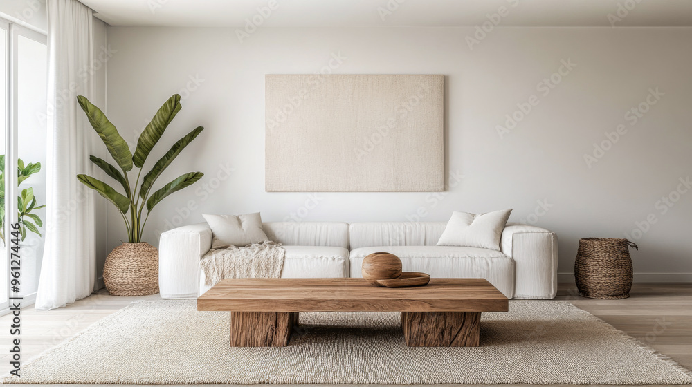 Fototapeta premium Bright minimalist Scandinavian living room with a natural wood table, bold artwork and a sofa