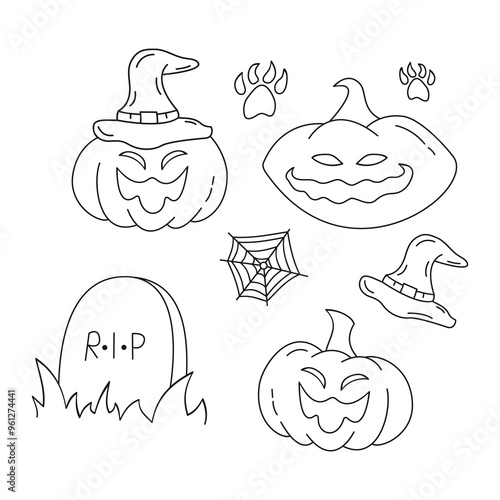 Hand drawn vector Halloween elements. Collection of spooky ghosts, pumpkins, spiders, graveyards, castles. Adorable Halloween festival elements for decoration, prints.