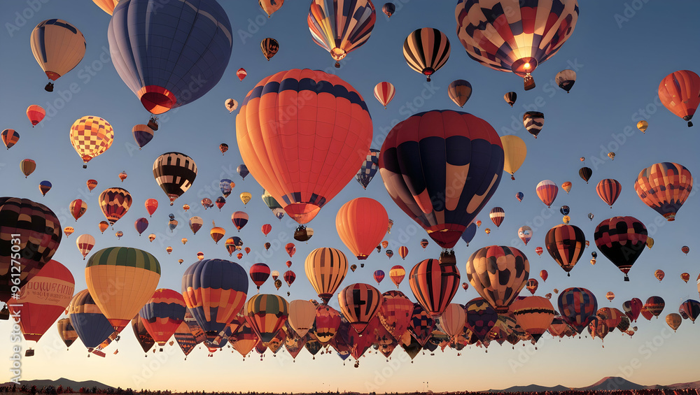 Naklejka premium Experience the Albuquerque International Balloon Fiesta in the USA, featuring a stunning array of colorful hot air balloons soaring across the sky, with breathtaking views, vibrant festivities